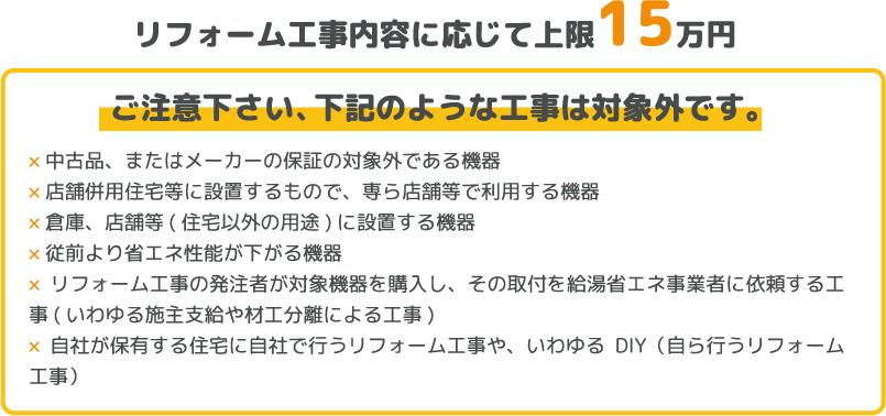 リフォーム工事内容に応じて上限15万円 ご注意下さい、下記のような工事は対象外です。